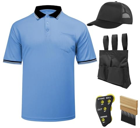 redgino 5Pcs Men’s Baseball/Softball Umpire Gear Shirt Ball Bags Clicker Hat Brush Referee Accessories Sets Jersey Kit Light Blue L