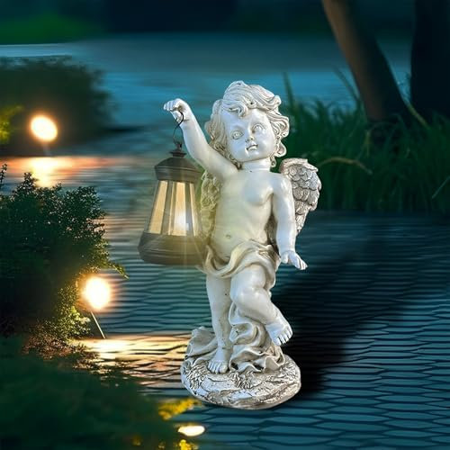 Tuzsocr Statue du Jardin des Anges,Sculpture d'ange Féérique,Figurine Ange Gardien avec Lanterne LED Solaire,Auto-on,Ange Tombe pour Terrasse,Pelouse,Cour,Pendaison de crémaillère,Funèbre (Style 2)