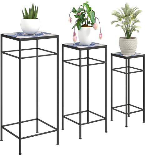 Outsunny 3er-Set Pflanzenständer, 71 cm hoch Blumenständer für Innen, Pflanzenregal aus Metall, 3 verschieden große Blumenregal, Blumenhocker, Blumentopfständer für Wohnzimmer Garten Balkon Blau+Weiß
