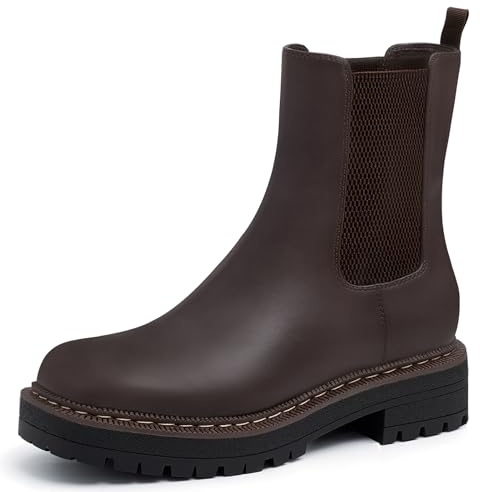 Athlefit Women's Chelsea Ankle Boots Platform Lug Sole Slip On Short Boots Comfortable Low Heel Dress Booties Dark Brown Size 8.5