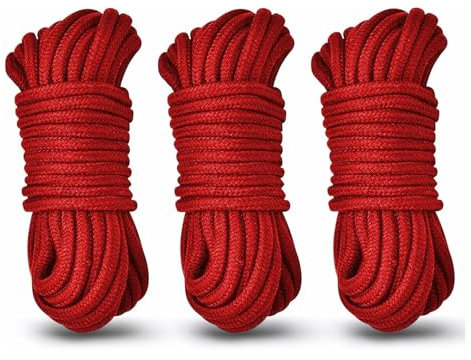 Mehrzweck Abspannseile Wäscheleinen Kordel Kit - Komfort Baumwollkordel, Robustes Kletterseil,8mm Mehrzweckseil Paracord für Zelt Camping Wandern Outdoor, DIY, Dekoration (3x10m, Rot)