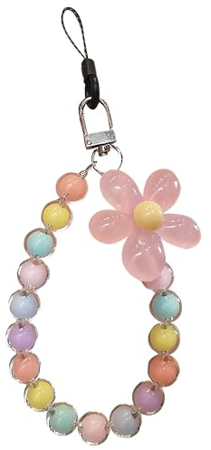 TUYOBG Pink Floral Beaded Flower Bracelet Creative Hanging Rope Keychain with Colorful Candy Mobile Phone Strap and Phone Charm Strap, Elegant Beaded Straps and Mobile Pendant for Women’s Accessories