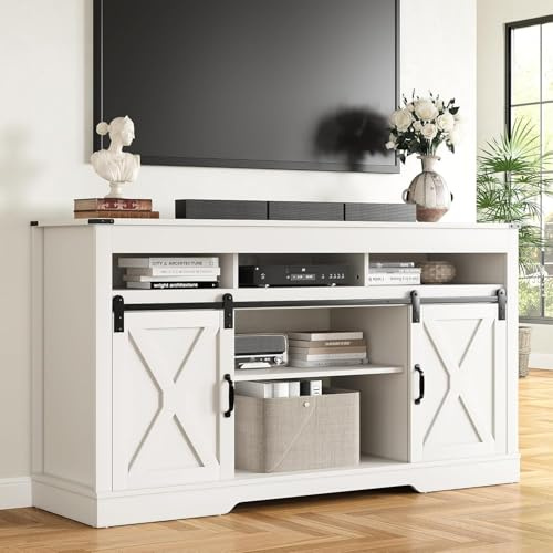 SUNVIVI TV Stand Cabinet for TVs up to 65 Inch, Farmhouse Entertainment Center with Sliding Barn Doors, 147cm Media Console Table with Large Storage & Adjustable Shelves for Living Room (White)