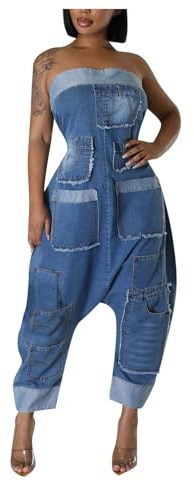 Combinaison en jean pour femme - Sans bretelles - En denim - Avec plusieurs poches - Patchwork stretch - Bandeau - Baggy - Clubwear - Une pièce - Pantalon décontracté