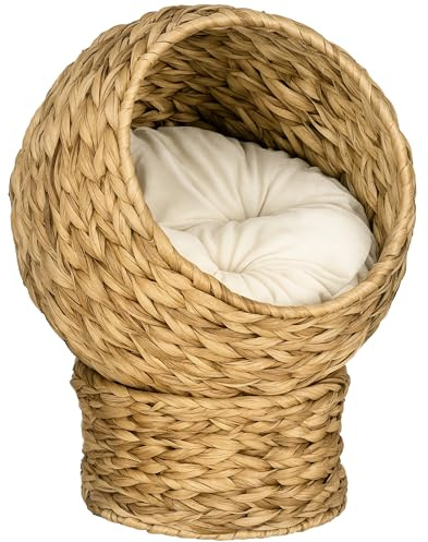 PawHut Cuccia Rialzata per Gatti in Vimini, con Cuscino in Cotone, Marrone e Bianco, 42 x 33 x 52cm