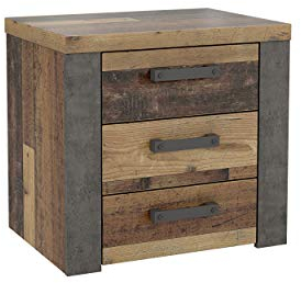 FORTE Nelleke Nachttisch mit 3 Schubladen, Holzwerkstoff, Old Wood Vintage Dekor und Beton dunkelgrau, 21 x 54,3 x 56,6 cm