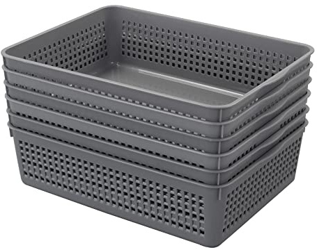 Nesmilers 6 Packs Plastic Storage Tray, Shallow Basket Trays, Grey
