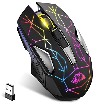KUIYN X18 Mouse da Gioco Wireless 2.4G Ricaricabile 600mAh Ultra Lunga Durata di Vita 7 Colori RGB, 2400 DPI, Risparmio Silenzioso Click Ricevitore USB per PC/Mac/PS4/Xbox (Nero stellato)