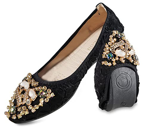 MACHSWON Ballerine da donna con strass scarpe da ballerina da sposa all'aperto pieghevoli scintillanti comfort slip on scarpe da passeggio piatte per le signore, Testa di volpe nera, 40 EU
