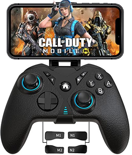 arVin Wireless Mobile Gaming Controller for iPhone/Android, Bluetooth Comfort Imitation Leather Gamepad Non-Slip with LED Light/4*Programming Back Buttons