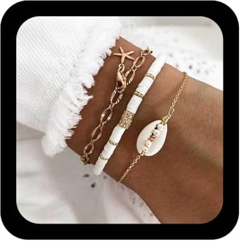 Yheakne Vintage Layered Heishi Surfer Bracelet White Heishi Bead Bracelet Gold Star Shell Bracelets Pearl Cowrie Bracelets Adjustable Handmade Jewelry for Women and Girls