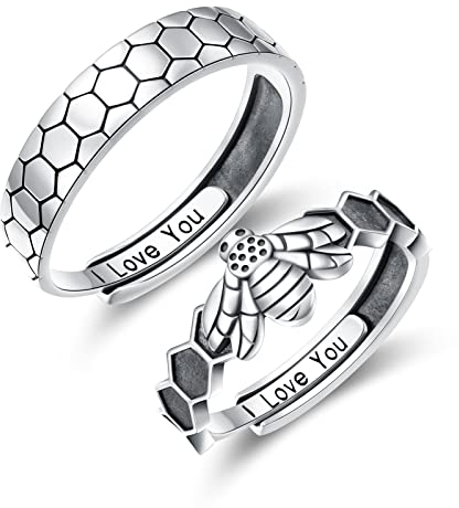 Biene Wabe Paar Ringe Set, 925 Sterling Silber Niedliche Tiere Matching Ring für Paare Eingraviert I Love You, Einstellbare Verlobung Hochzeit Versprechen Ring für Sie und Ihn