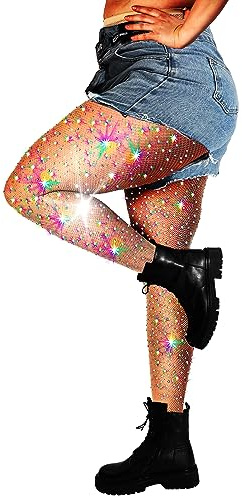 DancMolly 10X Strong Ultra Sparkly Rhinestone Fishnet Stockings, Plus Size Sparkle Fish Net Tights for Women, Sexy Party Concert Outfit, 1 pair Nude 2XL-4XL