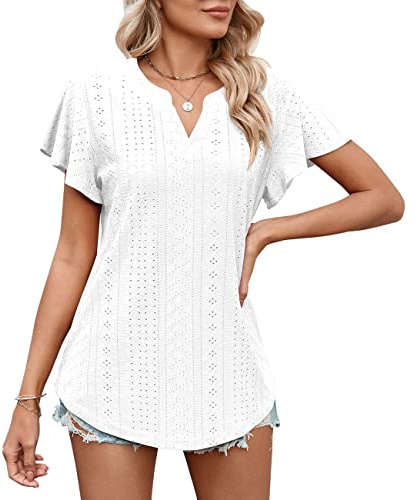 KONFEN Blusas Mujer Mangas Cortas, Cuello en V Camisas Túnico Recortados Tops Verano, Camisetas Mujer Casual Elegante Suelta Shirts Liso, Blanco XL