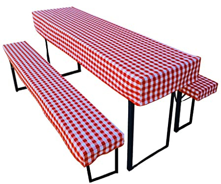 Lemos Home Lot de 3 Coussins pour Tente à bière Comprenant 1 Nappe et 2 Housses de Banc - Taille et Couleurs au Choix (220 x 50 cm, Rouge à Carreaux)