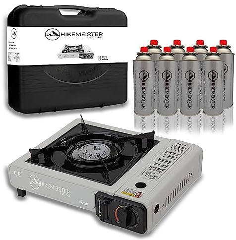HikeMeister ® Réchaud de camping - Cuisinière à gaz - Pour l'extérieur - Bouteilles de gaz - Sac de transport de camping (gris + 8 cartouches de gaz)
