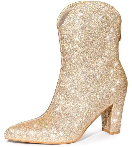Allegra K Bottes mi-mollet à paillettes en forme de V avec bout pointu et fermeture éclair dans le dos, doré, 40 EU