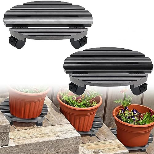 Aufun 30 x 30 cm WPC Pflanzenroller Blumenroller Untersetzer, Rollbrett Pflanzen mit PP-Räder, Kübelroller für Außenbereich und Innenbereich, Anthrazit, Rund(2 Stück)
