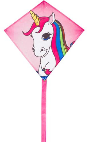 HQ Design Mini Eddy Unicorn, Kinderdrachen Drachen Flugdrachen Drachen zum steigen Lassen, wenig Wind, ab 5 Jahre, 40x40cm+Drachenschwanz inkl. 15kp Polyesterschnur 15m auf Griff, 3-6 Bft