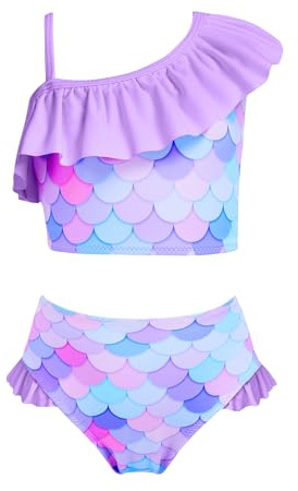 Arshiner Bikini Filles Maillot de Bain Sirène Tankini Manches à Volants Maillot de Bain Enfants Bustier Bikini Ensemble Maillot de Plage Violet 10-11 Ans