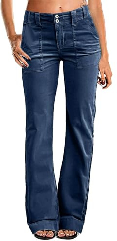 Flamingals Women's Wide Leg Pants for Women Mid Waist Dress Flare Straight Leg Corduroy Pants Workout Jeans Trendy Navy Blue S