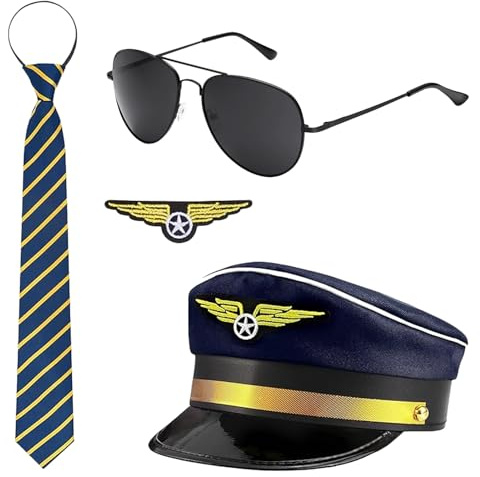 SSKHE 4pcs un costume de commandant de bord, costume de pilote d'Halloween, robe rayée d'épaule, fournitures de jeu de rôle de partie de commandant de bord, chapeau de pilote de compagnie aérienne