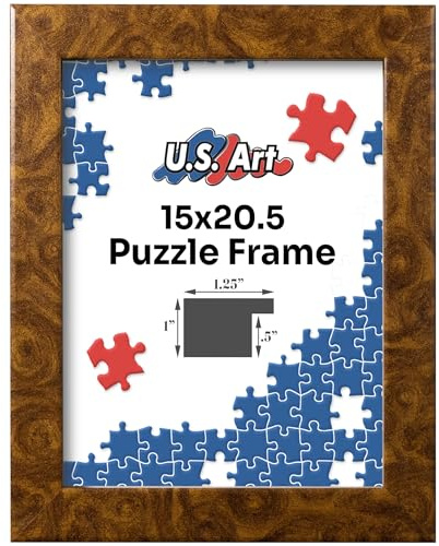 US Art Brown Burl 15x20.5 Puzzle Frame 1.25 Inch Wide - Handmade American Picture Frames with Preinstalled Hangers and UV Blocking Plexiglass Frames