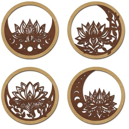 TOARTi 4PCS Buddha Brown Lotus Wooden Wall Art Vintage Mandala Lotus Wall Decor for Living Room Office Bathroom Artwork Indian Mandala Flower Hanging Plaque Abstract Mandala Wood Sign for Yoga Room