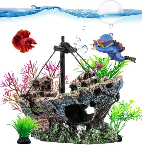 6 Pcs Aquarium Decor Set Shipwreck Decoration Little Diver Floating Fish Tank Decoration Fish Tank Plants