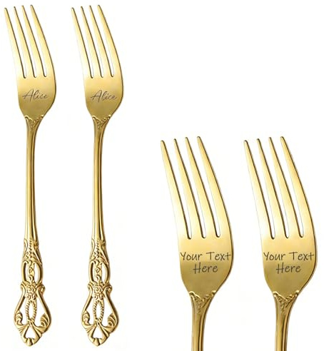 Personalised Engraved Fork with Text, 2PCS Stainless Steel Forks and Knife, Personalized Carving Fork, Birthday Anniversary Wedding Valentine's Day Gift for Couple Lover Family Her and Him (Gold-B)