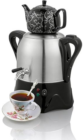 Tetera eléctrica, Samovar turco con tetera de 1 litro y olla de 3 litros, función de mantener el calor para té turco, café y té perfumado