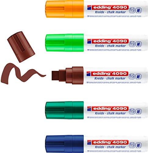 Edding 4090 Marcador de Tiza - Surtido de 5 Rotuladores - Punta Biselada 4-15 mm - Para Pizarras, Vidrio y Espejos - Tiza Líquida de Cobertura Opaca