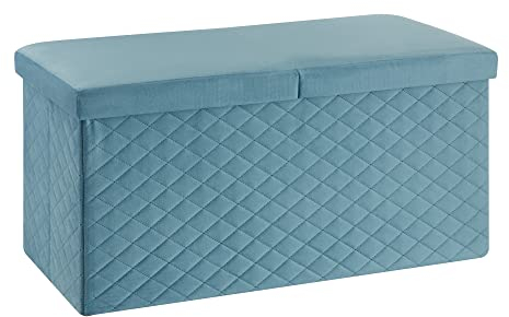 Baroni Home Cassapanca Pieghevole, Contenitore Portaoggetti, Pouf Poggiapiedi Velluto Blu Petrolio 76x38x38 cm