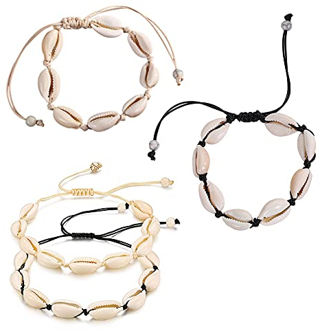 BOST Muschelkette, 4 Pack Muschelarmband, Handgemachte Stricken Frauen Armband aus natürlicher Kobaltschale, verstellbare Armbänder im Hawaiian Beach-Stil