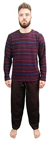 KRUXADER Conjunto de Pijama a Rayas de Invierno para Hombre Ropa de Estar por casa PJs Forro Polar cálido (Rayas Burdeos, L)