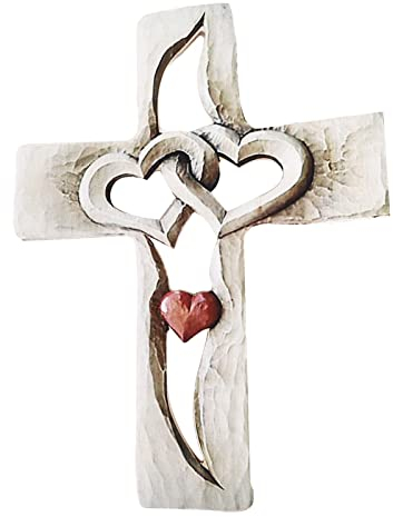 Haofy Geschnitztes Holzkreuz, Wandbehang, Handgeschnitztes Liebeskreuz aus Holz mit Ineinander Verschlungenen Herzen für Wohnzimmerdekoration, Dekoratives Wandkreuz(liebe kreuz)