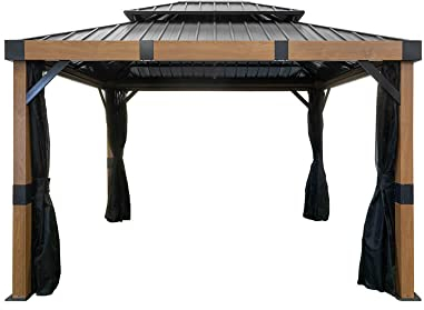Sojag Alu Pavillon Fontana 1012 | Hardtop Pavillon mit Moskitonetz | Holzoptik/Schwarz | 298x363x310 cm