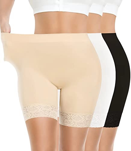 Yeblues 3 Pack Lace Slip Shorts for Under Dresses Women Smooth Anti-chafing Boyshorts Seamless Underwear Safety Shorts - L