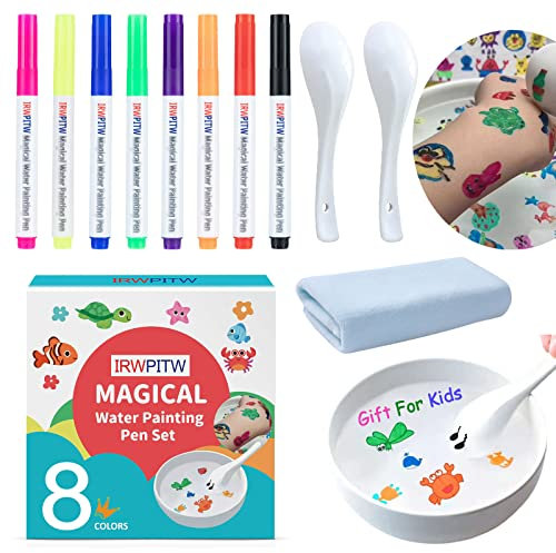 IRWPITW Magic Drawing Pen Bundle, 8 Colors Magical Water Painting Pens for Kids, Kiddies Create Magic Pen Floating Ink Drawings Set with Spoon and Towel, Tattoo Water Marker Gifts for Boys and Girls