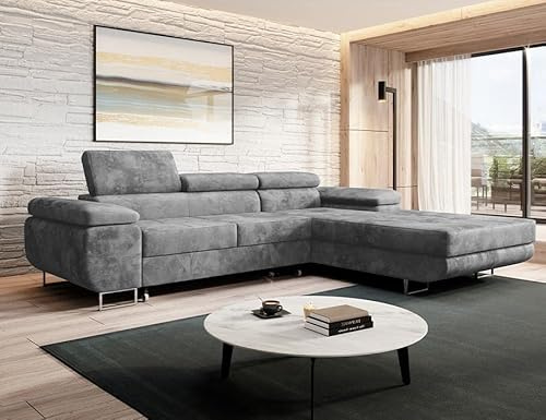 MODERNO Ecksofa mit Schlaffunktion und Bettkasten NORBERG - Sofa mit 3 Sitzen und Robusten Überzug - Schlafcouch L-Form - Modern Couch 72x279x205 cm - Ecke Rechts Grau
