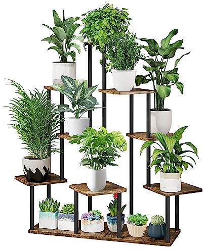 YOCOMEY 9-Tier Hölzern Blumenregal Pflanzenregal, Mehrstöckig Blumenständer Pflanzenständer Blumenbank Blumentreppe Pflanzentreppe Standregal für Innen Garten Balkon Deko(Schwarz)