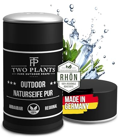 NACHHALTIGE OUTDOORSEIFE: 100% biologisch abbaubar, handgemacht in Deutschland | Ideal für Camping & Reisen, auch für empfindliche Haut + Haare | Praktischer Seifenstreuer von TWO PLANTS #Outdoorgold