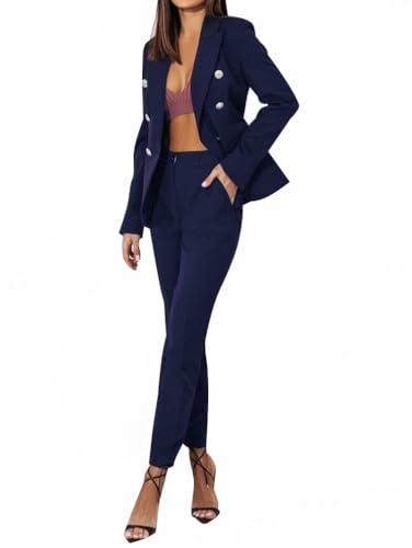 Minetom Tailleur Femme 2 Pièces Elegant Couleur Unie Slim Fit Manche Longue Blazer Veste Formel Bureau Travail Pantalon Ensemble Costumes Outfits A Bleu M