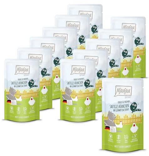 MjAMjAM - Premium Nourriture Humide pour Chats - Quetschie - Chicks & Friends Poulet juteux aux épinards Vapeur, Paquet de 12 (12 x 125g), sans céréales