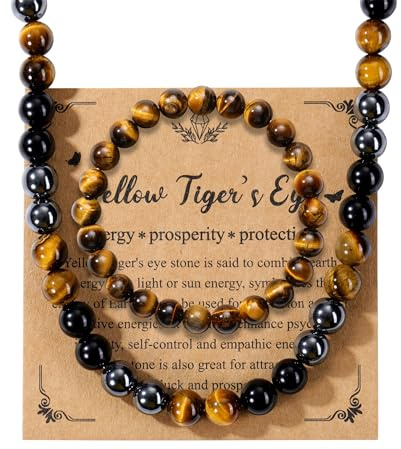 JSDDE Ensemble Collier et Bracelet en Perles pour Homme avec Oeil de Tigre, Obsidienne, Hématite - Collier en Pierres Précieuses Naturelles Oeil de Tigre Bracelet en Oeil de Tigre pour Femme et Homme
