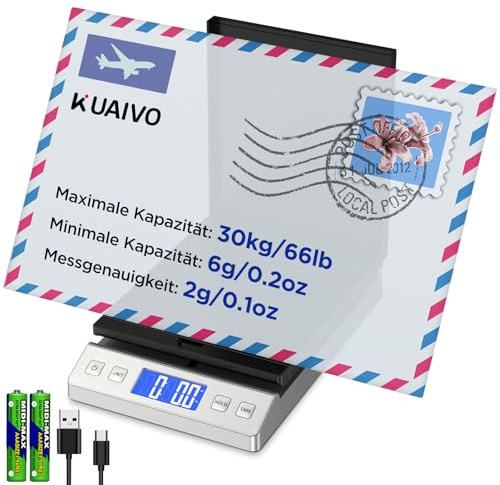 KUAIVO Letter Scale, 30 kg/2 g, Digital Parcel Scales with Hold & Tare Function, High Precision Foldable Platform Scales for Letter, Parcel, Can be Used in Office and Home Use
