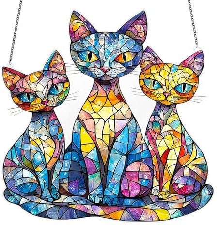 Chat en Acrylique teinté, fenêtre intérieure Attrape-Soleil - Pendentif de Voiture de Chat coloré Acrylique 2D - Accessoires d'intérieur de Voiture créatifs, décoration Unique de fenêtre de Maison
