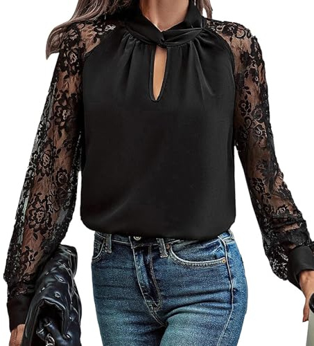 Blusa De Manga Larga con Detalle De Encaje Recortado, Blusa De Malla Transparente con Mangas Largas Y Encaje para Mujer (L,Negro)