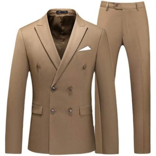 Abito da uomo slim fit 2 pezzi doppio petto business matrimonio prom smoking abiti tinta unita giacca pantaloni per uomo, Marrone, 68