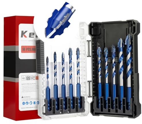 Keewaki Cross-Tip Carbide Drill Bits with Serrated Teeth, 10-Piece Includes 4mm to 12mm Sizes with Storage Case Masonry Drill Bit Set for Tile, Concrete, Brick, Wood – Hex Shank Ceramic Drill Bits